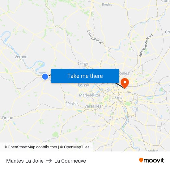 Mantes-La-Jolie to La Courneuve map