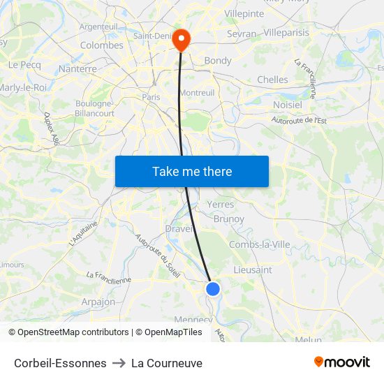 Corbeil-Essonnes to La Courneuve map