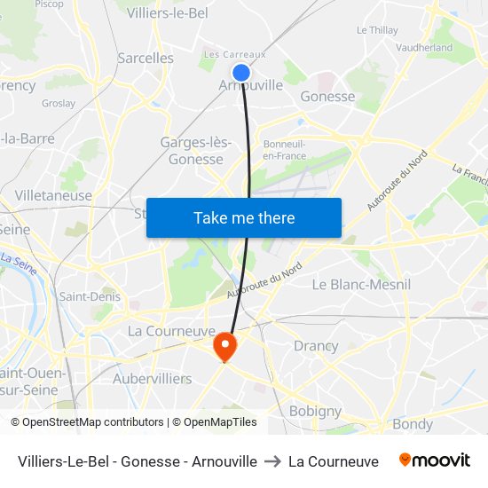 Villiers-Le-Bel - Gonesse - Arnouville to La Courneuve map