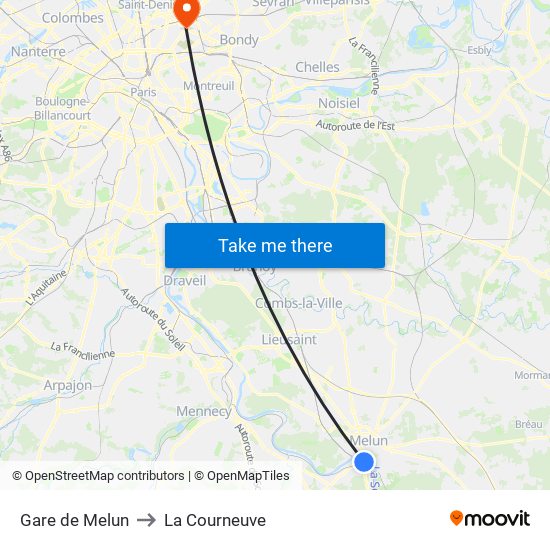 Gare de Melun to La Courneuve map