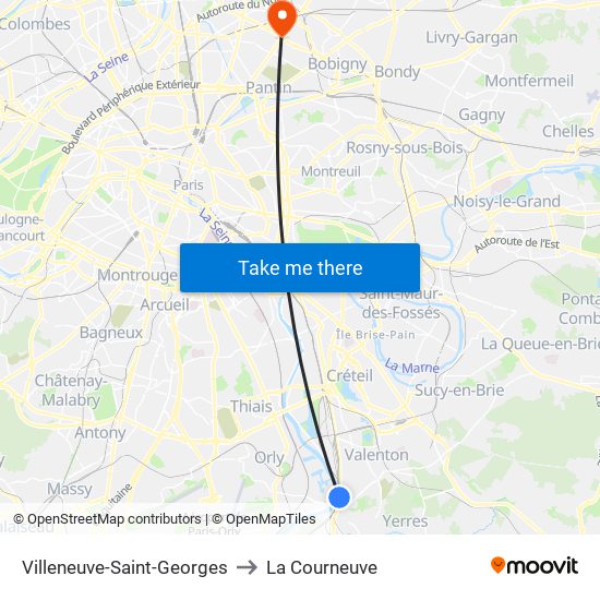 Villeneuve-Saint-Georges to La Courneuve map
