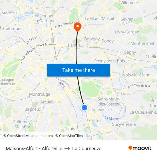 Maisons-Alfort - Alfortville to La Courneuve map