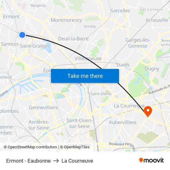 Ermont - Eaubonne to La Courneuve map