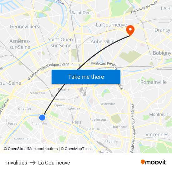 Invalides to La Courneuve map