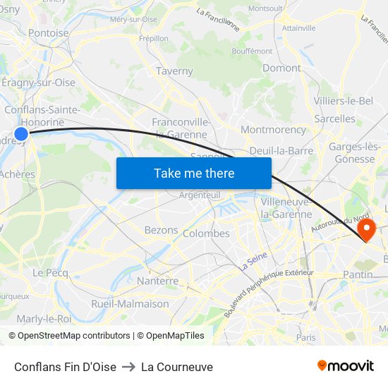 Conflans Fin D'Oise to La Courneuve map