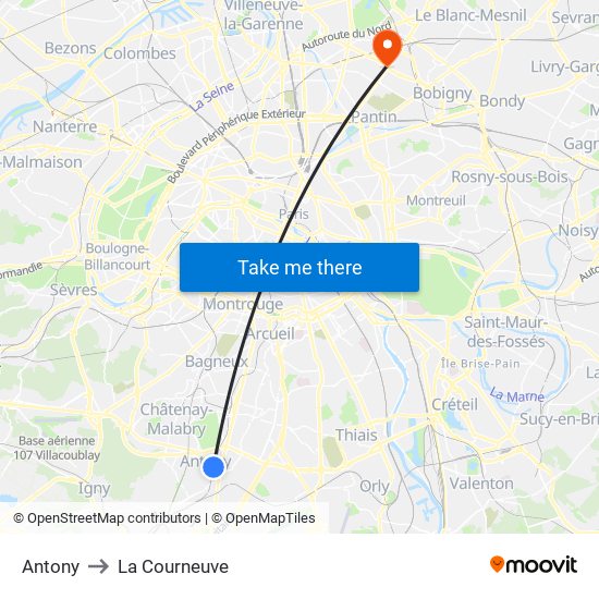 Antony to La Courneuve map