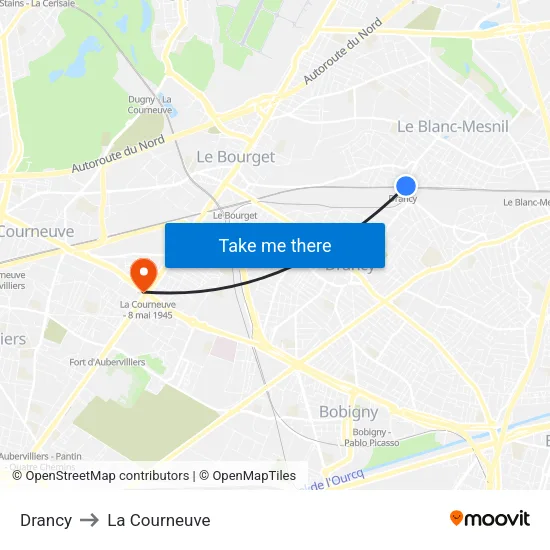 Drancy to La Courneuve map