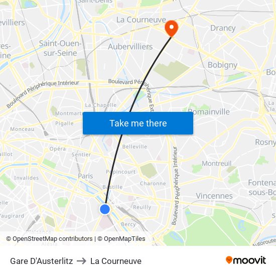 Gare D'Austerlitz to La Courneuve map