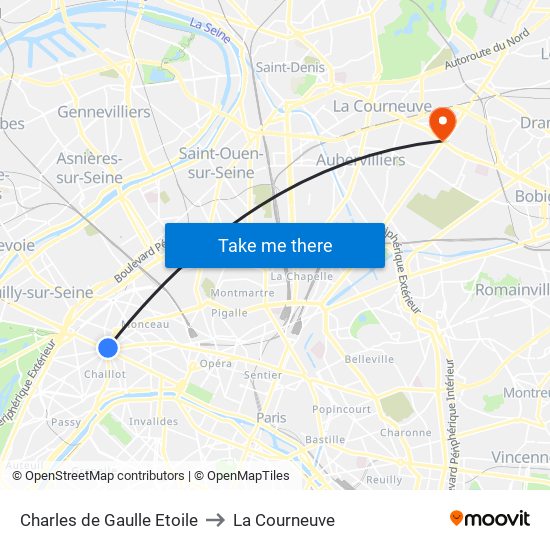 Charles de Gaulle Etoile to La Courneuve map