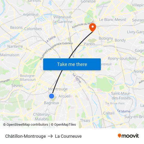 Châtillon-Montrouge to La Courneuve map