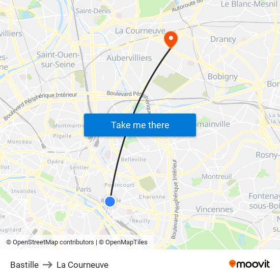 Bastille to La Courneuve map