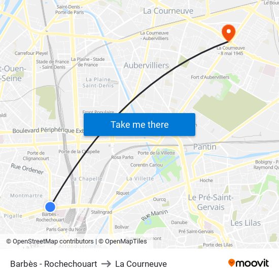 Barbès - Rochechouart to La Courneuve map