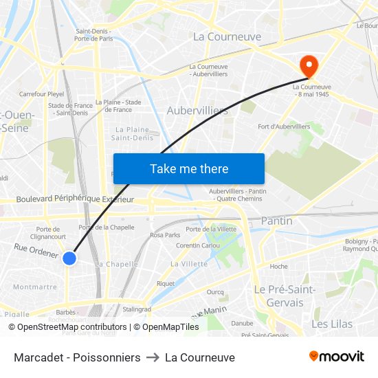 Marcadet - Poissonniers to La Courneuve map