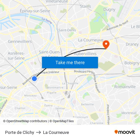 Porte de Clichy to La Courneuve map
