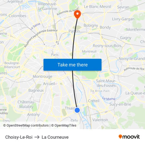 Choisy-Le-Roi to La Courneuve map