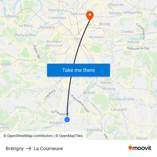 Brétigny to La Courneuve map