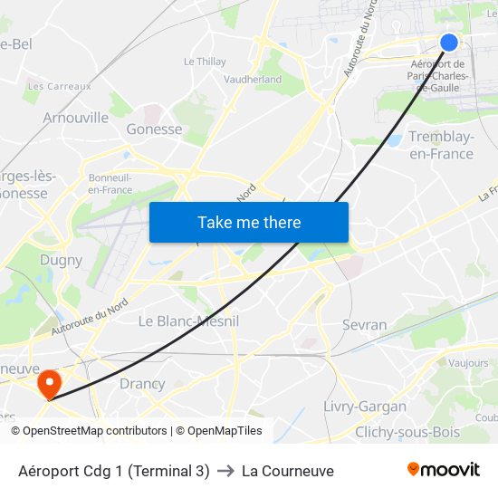 Aéroport Cdg 1 (Terminal 3) to La Courneuve map