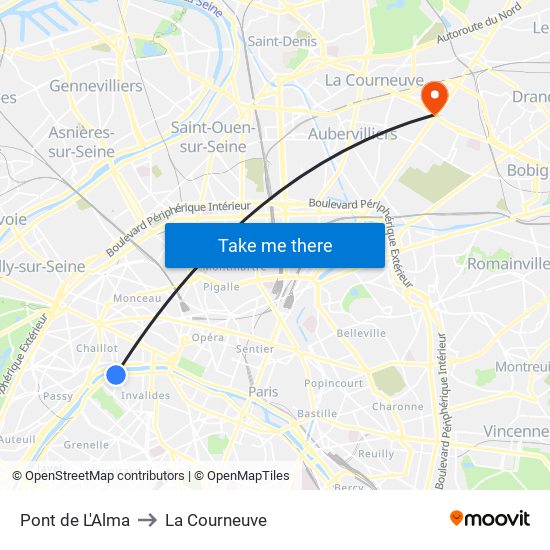 Pont de L'Alma to La Courneuve map
