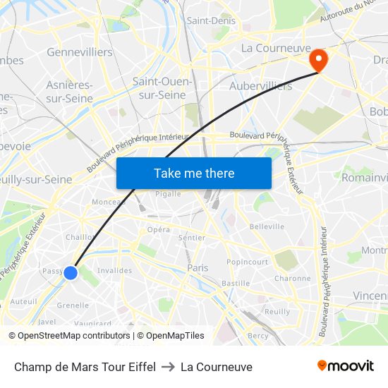 Champ de Mars Tour Eiffel to La Courneuve map