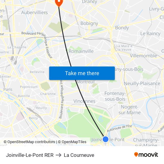 Joinville-Le-Pont RER to La Courneuve map