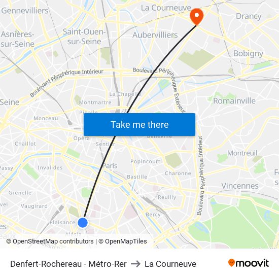 Denfert-Rochereau - Métro-Rer to La Courneuve map