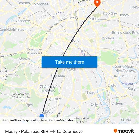Massy - Palaiseau RER to La Courneuve map