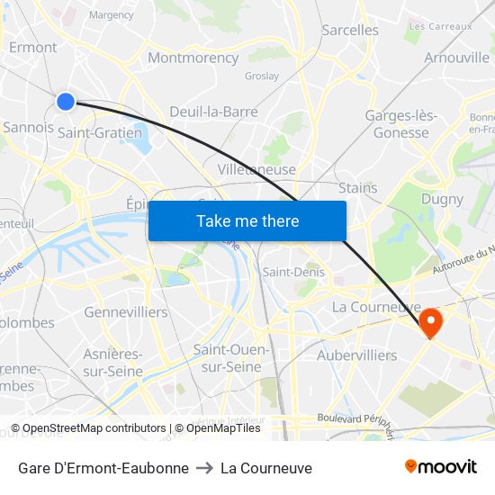Gare D'Ermont-Eaubonne to La Courneuve map