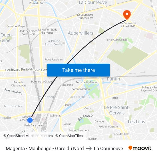 Magenta - Maubeuge - Gare du Nord to La Courneuve map