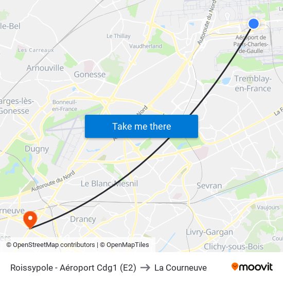 Roissypole - Aéroport Cdg1 (E2) to La Courneuve map