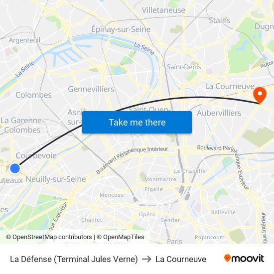 La Défense (Terminal Jules Verne) to La Courneuve map