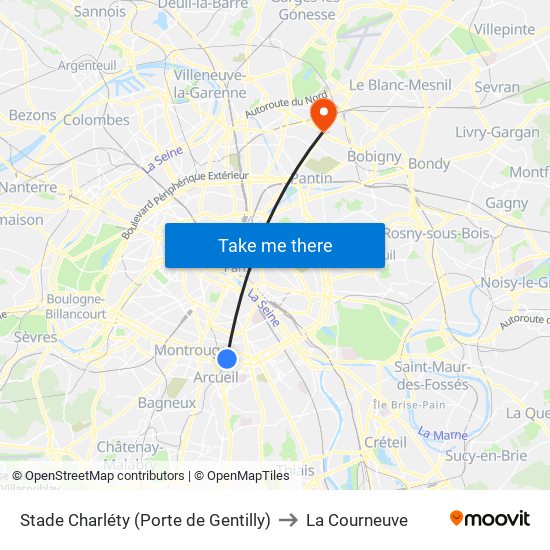 Stade Charléty (Porte de Gentilly) to La Courneuve map