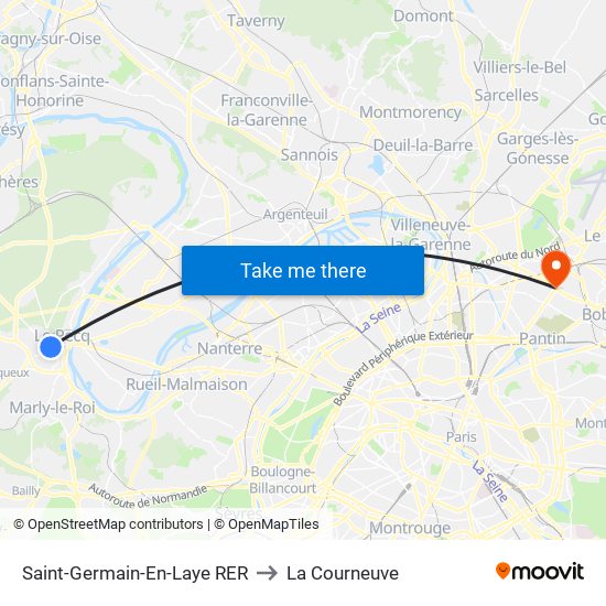 Saint-Germain-En-Laye RER to La Courneuve map