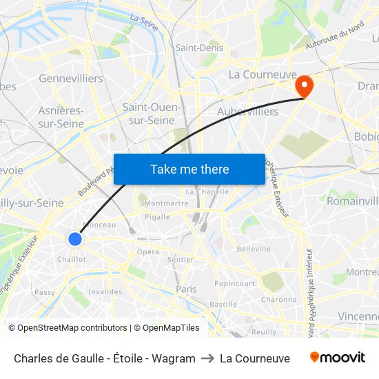 Charles de Gaulle - Étoile - Wagram to La Courneuve map