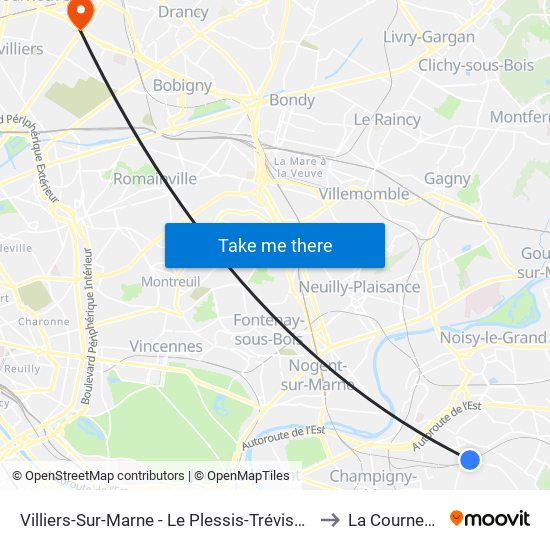 Villiers-Sur-Marne - Le Plessis-Trévise RER to La Courneuve map