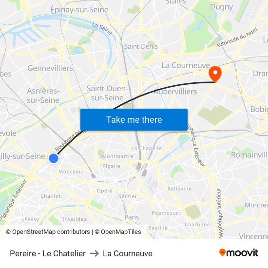 Pereire - Le Chatelier to La Courneuve map