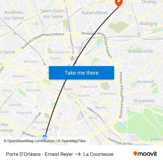Porte D'Orléans - Ernest Reyer to La Courneuve map
