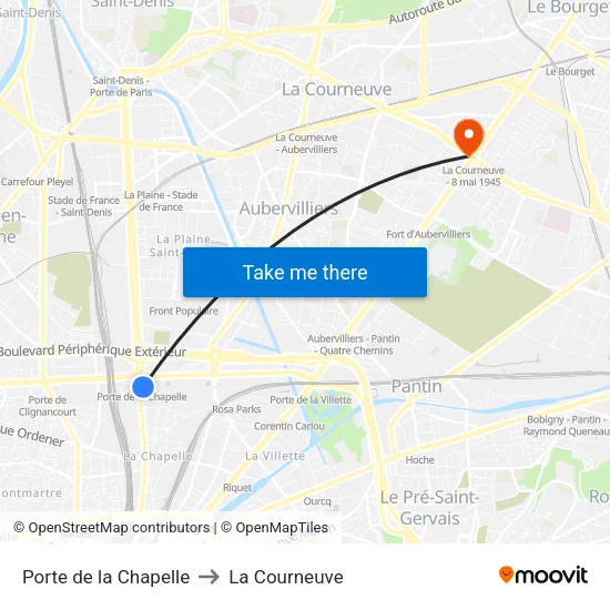 Porte de la Chapelle to La Courneuve map