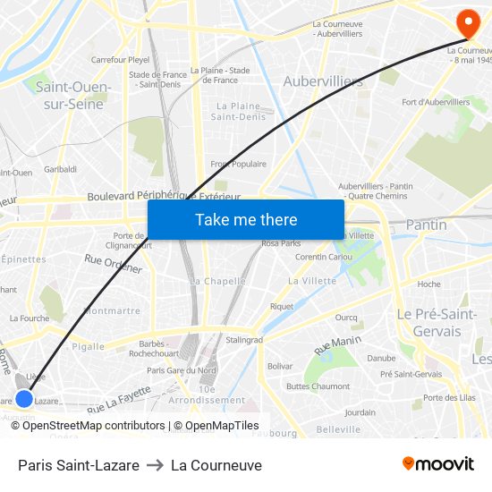 Paris Saint-Lazare to La Courneuve map