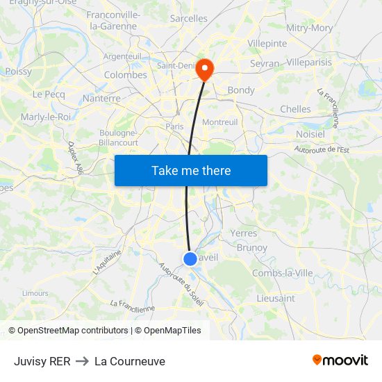 Juvisy RER to La Courneuve map