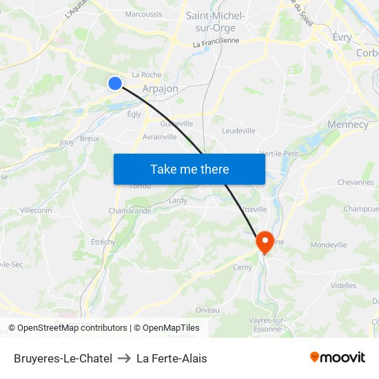 Bruyeres-Le-Chatel to La Ferte-Alais map