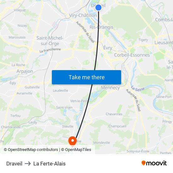 Draveil to La Ferte-Alais map