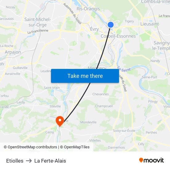 Etiolles to La Ferte-Alais map