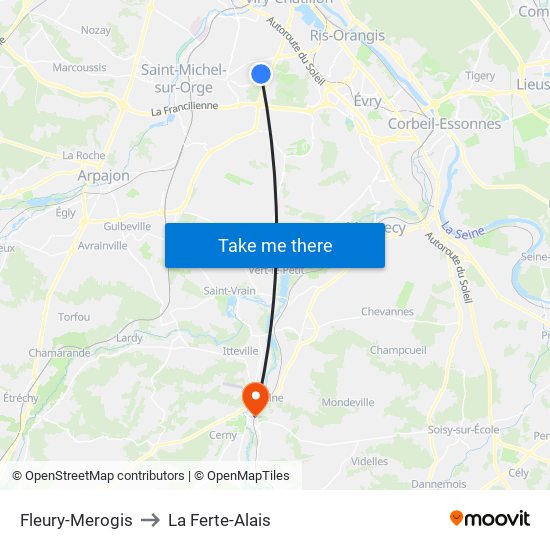 Fleury-Merogis to La Ferte-Alais map