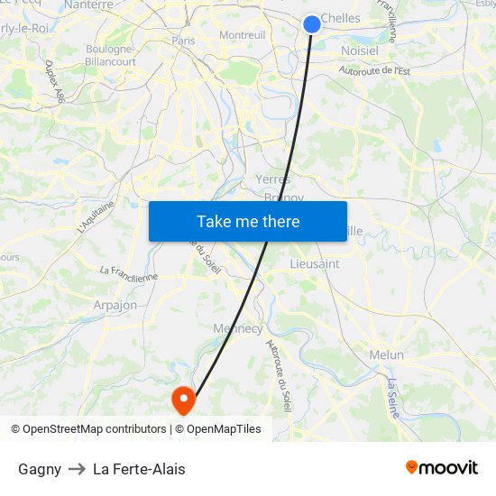 Gagny to La Ferte-Alais map