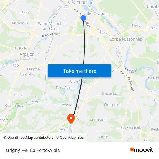 Grigny to La Ferte-Alais map