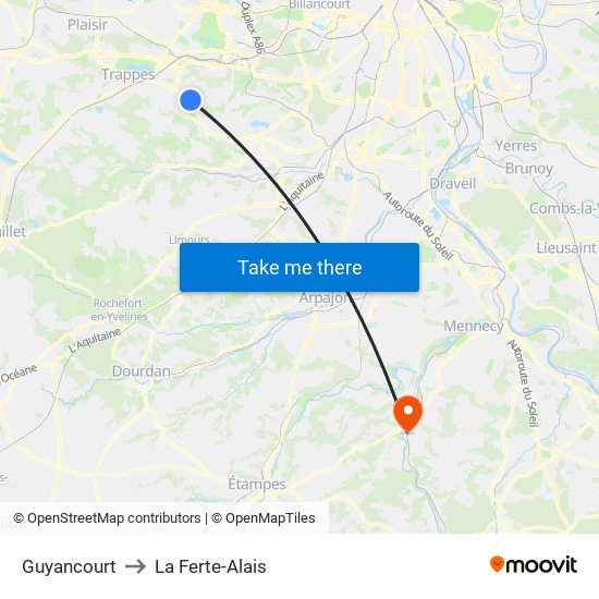 Guyancourt to La Ferte-Alais map