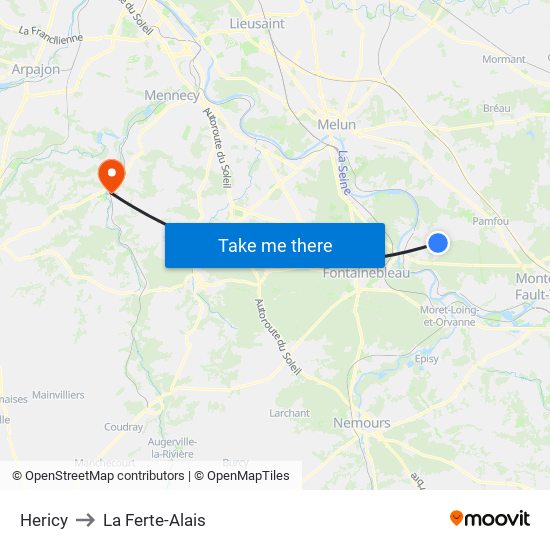 Hericy to La Ferte-Alais map