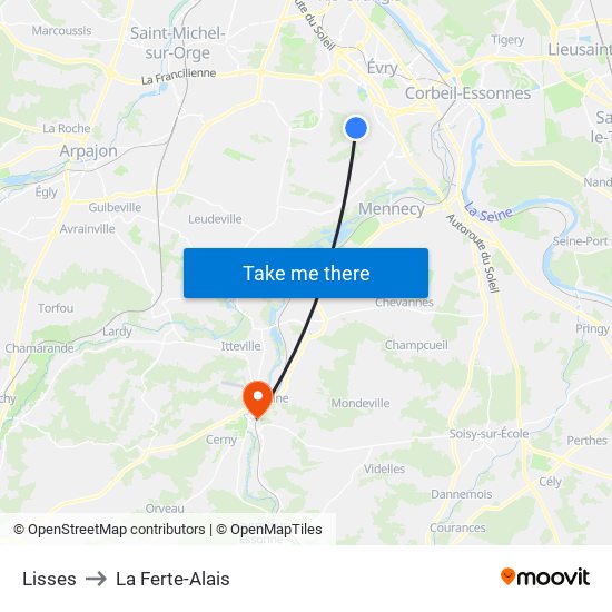 Lisses to La Ferte-Alais map