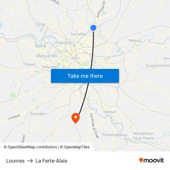 Louvres to La Ferte-Alais map