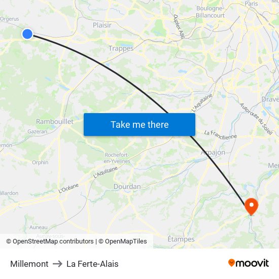 Millemont to La Ferte-Alais map